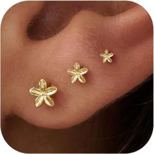 3 Pair Tiny Flat Back Stud Earrings for Women - 14K Gold Hypoallergenic Cute Small Screw Flatback Earring Set, Everyday Wear