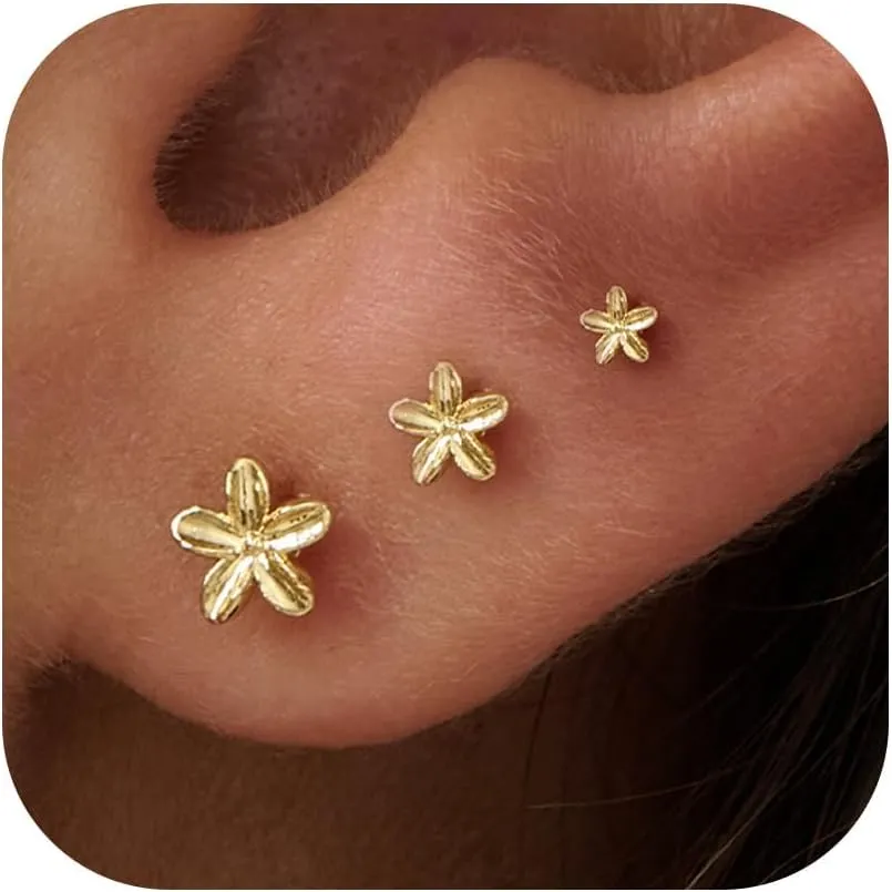 3 Pair Tiny Flat Back Stud Earrings for Women - 14K Gold Hypoallergenic Cute Small Screw Flatback Earring Set, Everyday Wear
