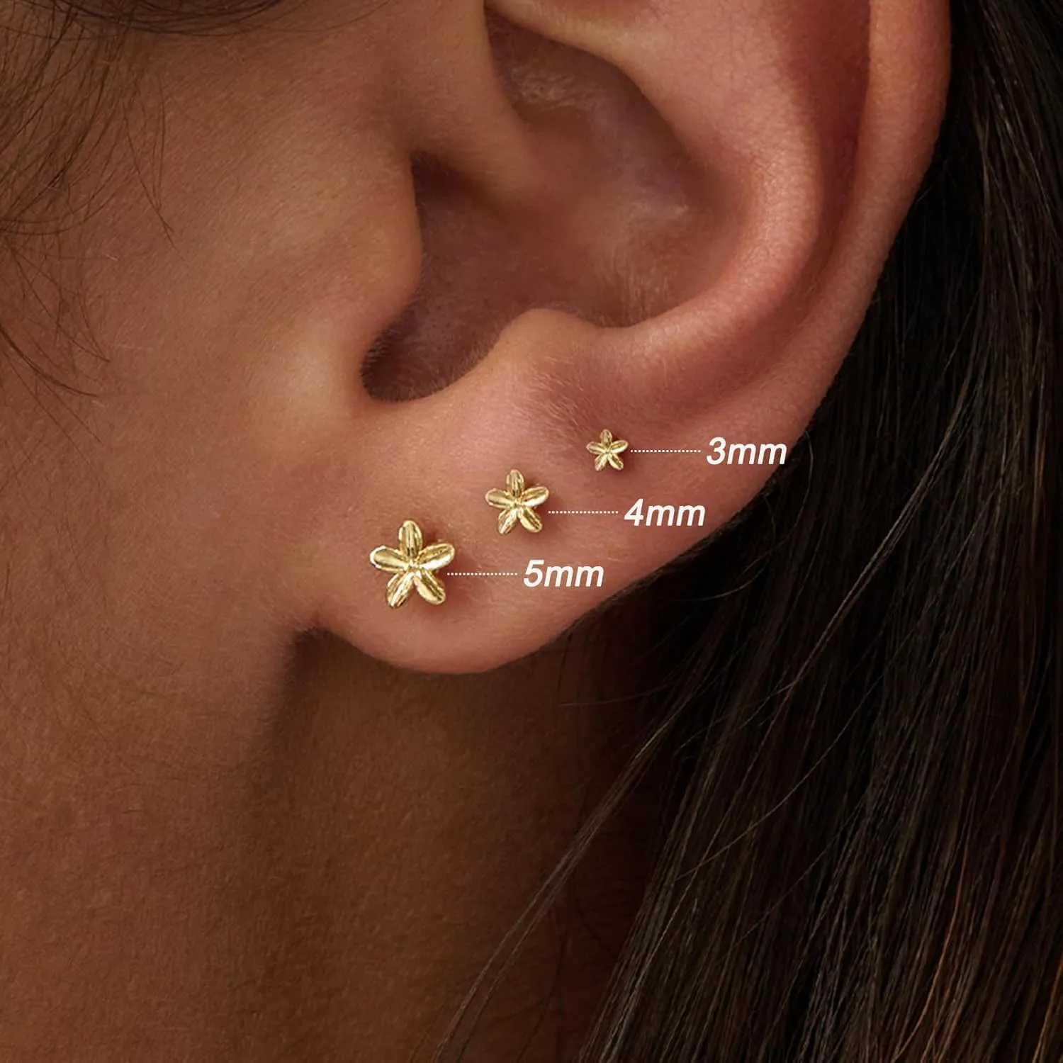 3 Pair Tiny Flat Back Stud Earrings for Women - 14K Gold Hypoallergenic Cute Small Screw Flatback Earring Set, Everyday Wear