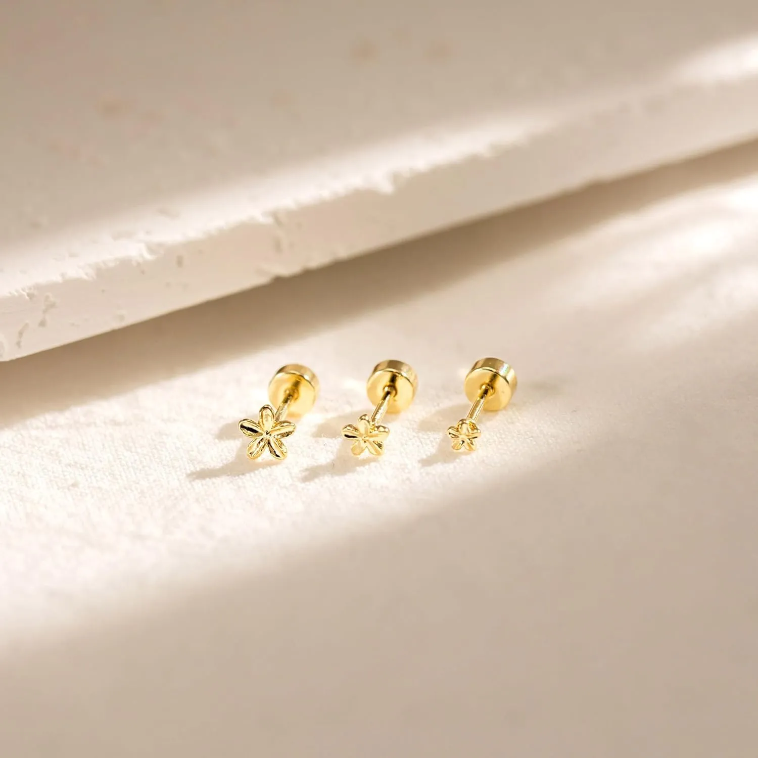 3 Pair Tiny Flat Back Stud Earrings for Women - 14K Gold Hypoallergenic Cute Small Screw Flatback Earring Set, Everyday Wear