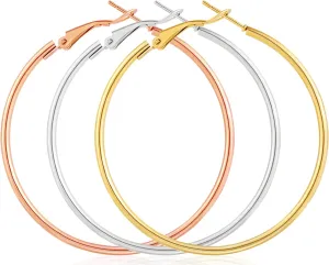 3 Pairs Big Hoop Earrings for Women, 14K Gold Plated Rose Gold Plated Silver Stainless Steel Large Hoops Set for Women