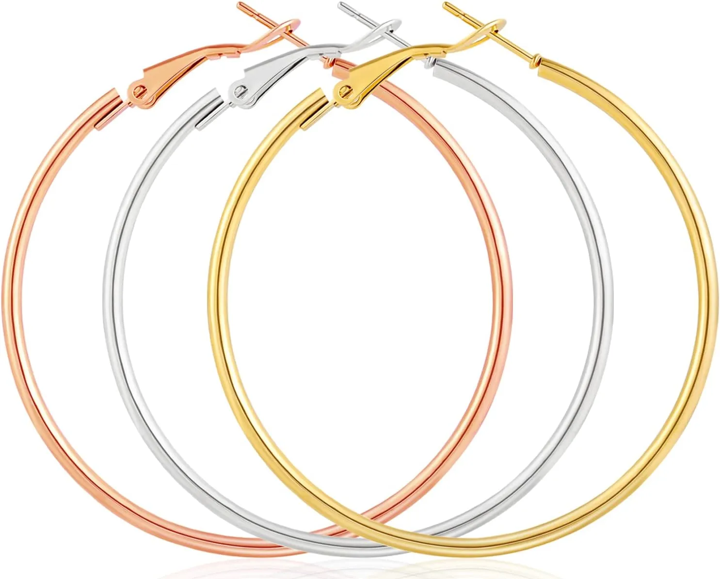 3 Pairs Big Hoop Earrings for Women, 14K Gold Plated Rose Gold Plated Silver Stainless Steel Large Hoops Set for Women