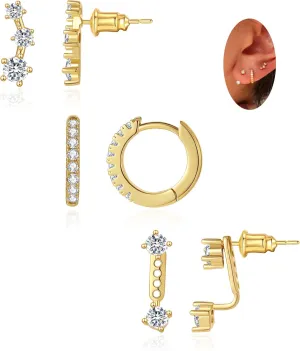 3 Pairs Stud Earrings for Women 14k Gold Stud Earrings Set Dainty Small Huggie Hoop Earrings Cartilage Earring Gold Hoop Earrings for Women Earring Sets for Multiple Piercing Hypoallergenic CZ Earrings Jewelry Gift