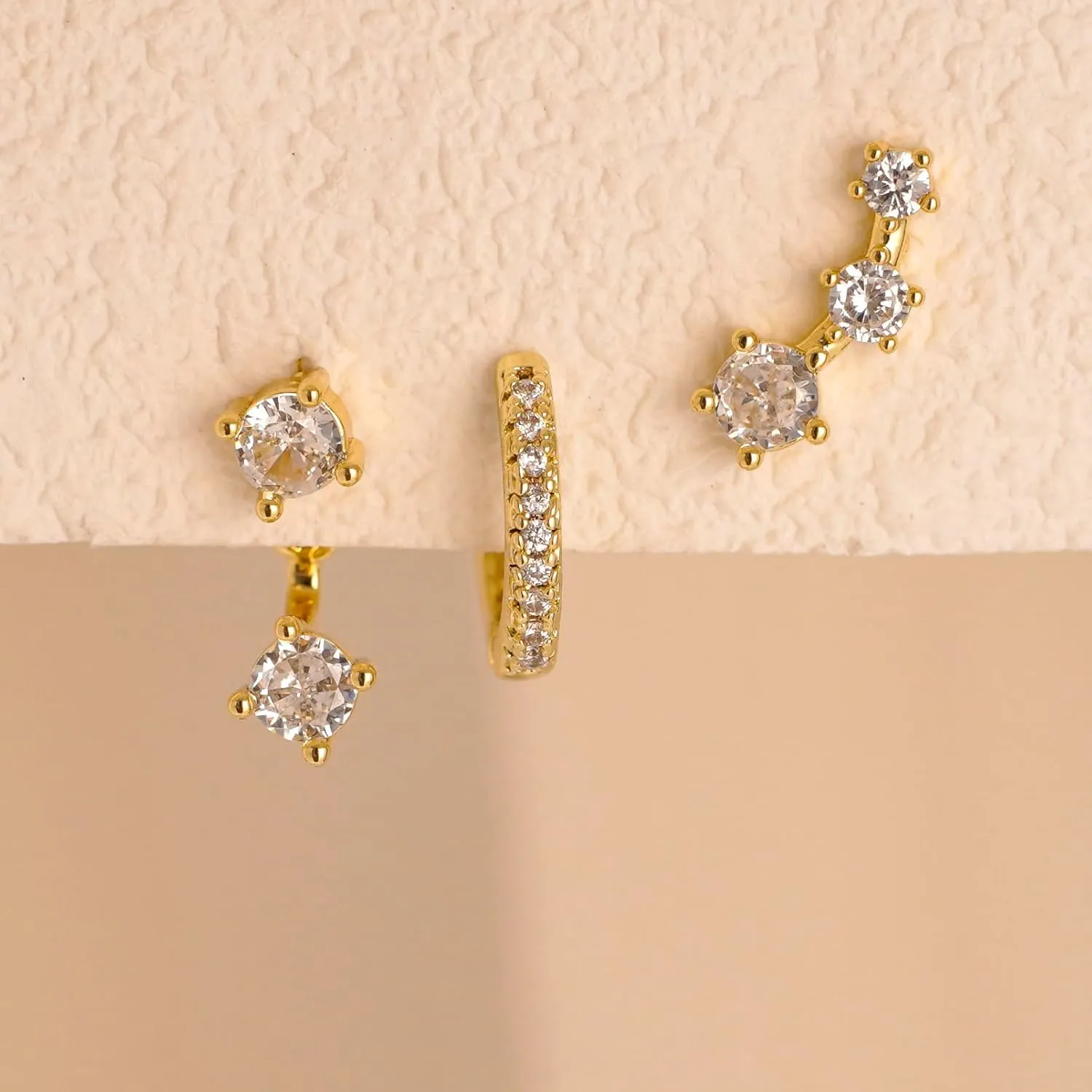 3 Pairs Stud Earrings for Women 14k Gold Stud Earrings Set Dainty Small Huggie Hoop Earrings Cartilage Earring Gold Hoop Earrings for Women Earring Sets for Multiple Piercing Hypoallergenic CZ Earrings Jewelry Gift