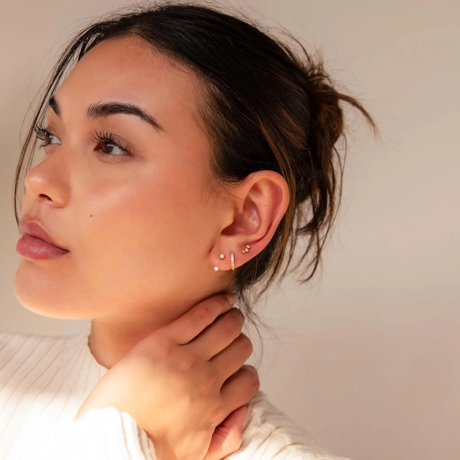 3 Pairs Stud Earrings for Women 14k Gold Stud Earrings Set Dainty Small Huggie Hoop Earrings Cartilage Earring Gold Hoop Earrings for Women Earring Sets for Multiple Piercing Hypoallergenic CZ Earrings Jewelry Gift
