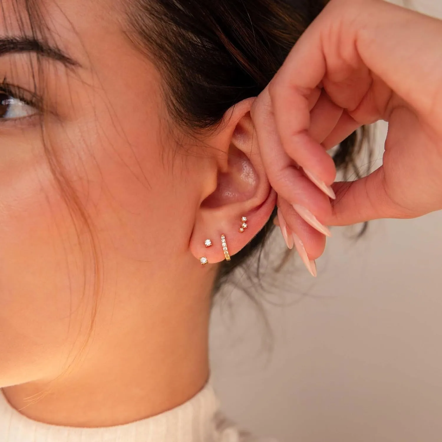 3 Pairs Stud Earrings for Women 14k Gold Stud Earrings Set Dainty Small Huggie Hoop Earrings Cartilage Earring Gold Hoop Earrings for Women Earring Sets for Multiple Piercing Hypoallergenic CZ Earrings Jewelry Gift