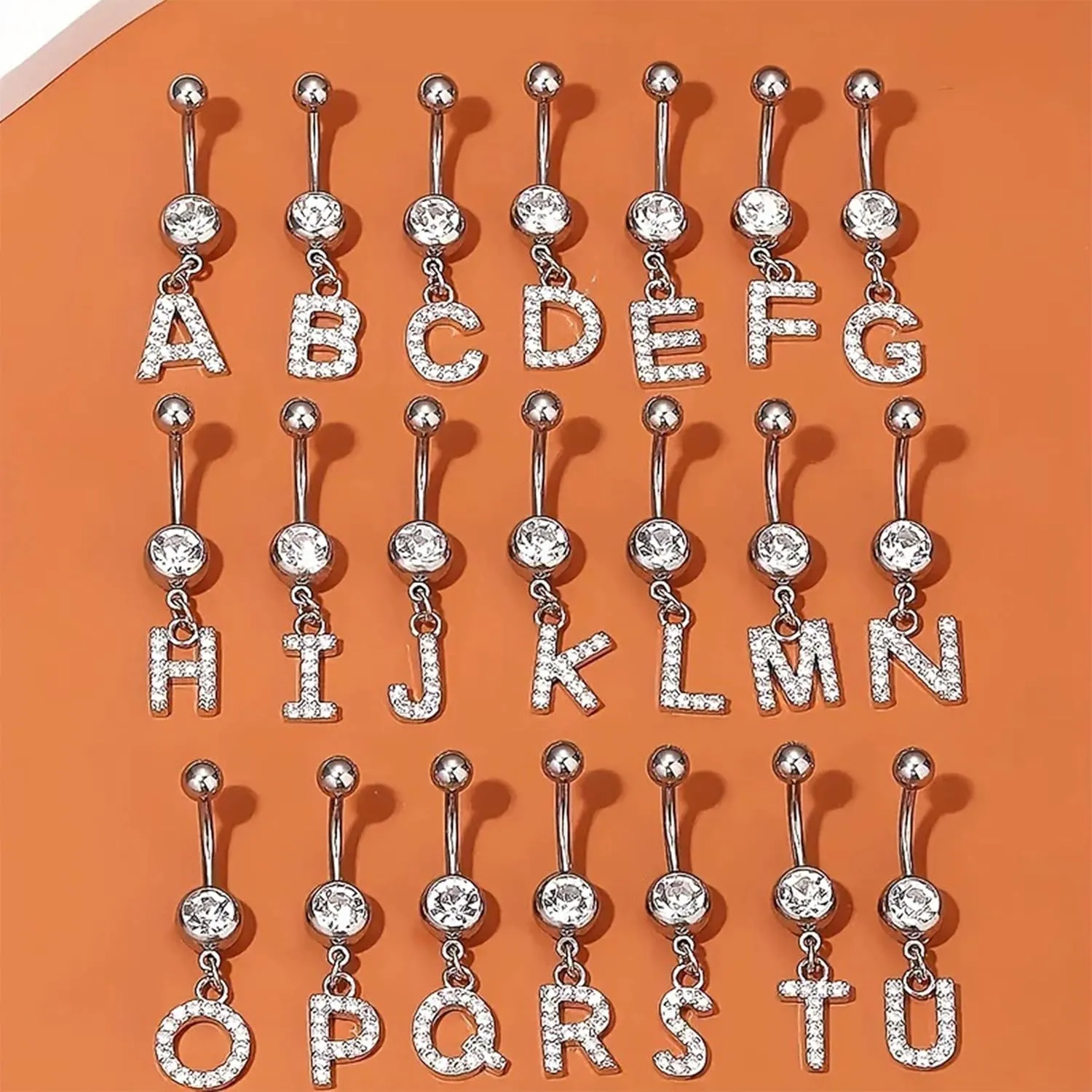 316L Stainless Steel Letter Belly Ring - 1.6mm Thickness, 10mm Bar Length, 8mm Zircon Charm, Hypoallergenic Navel Piercing Jewelry, High Polish Finish