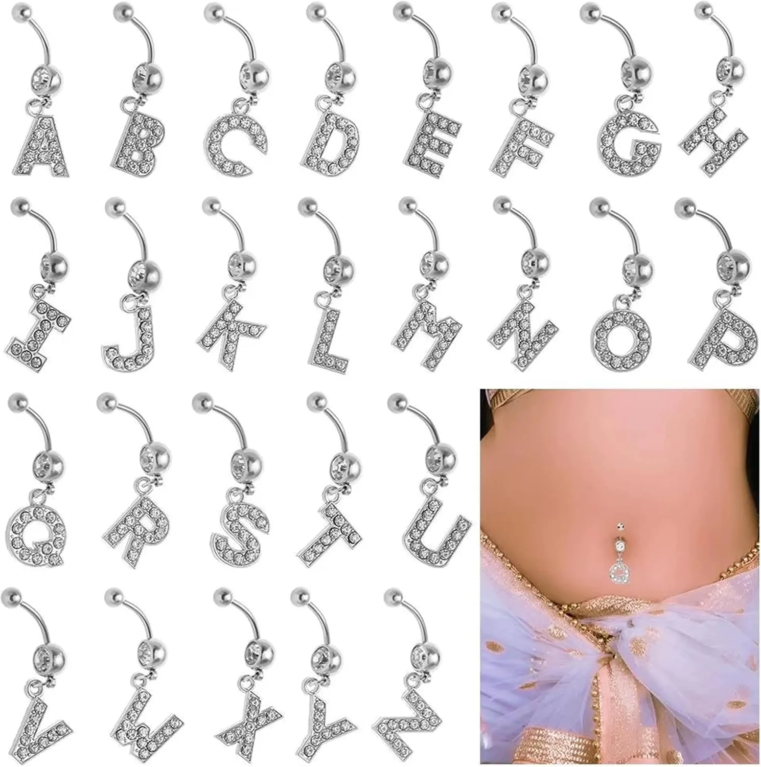 316L Stainless Steel Letter Belly Ring - 1.6mm Thickness, 10mm Bar Length, 8mm Zircon Charm, Hypoallergenic Navel Piercing Jewelry, High Polish Finish