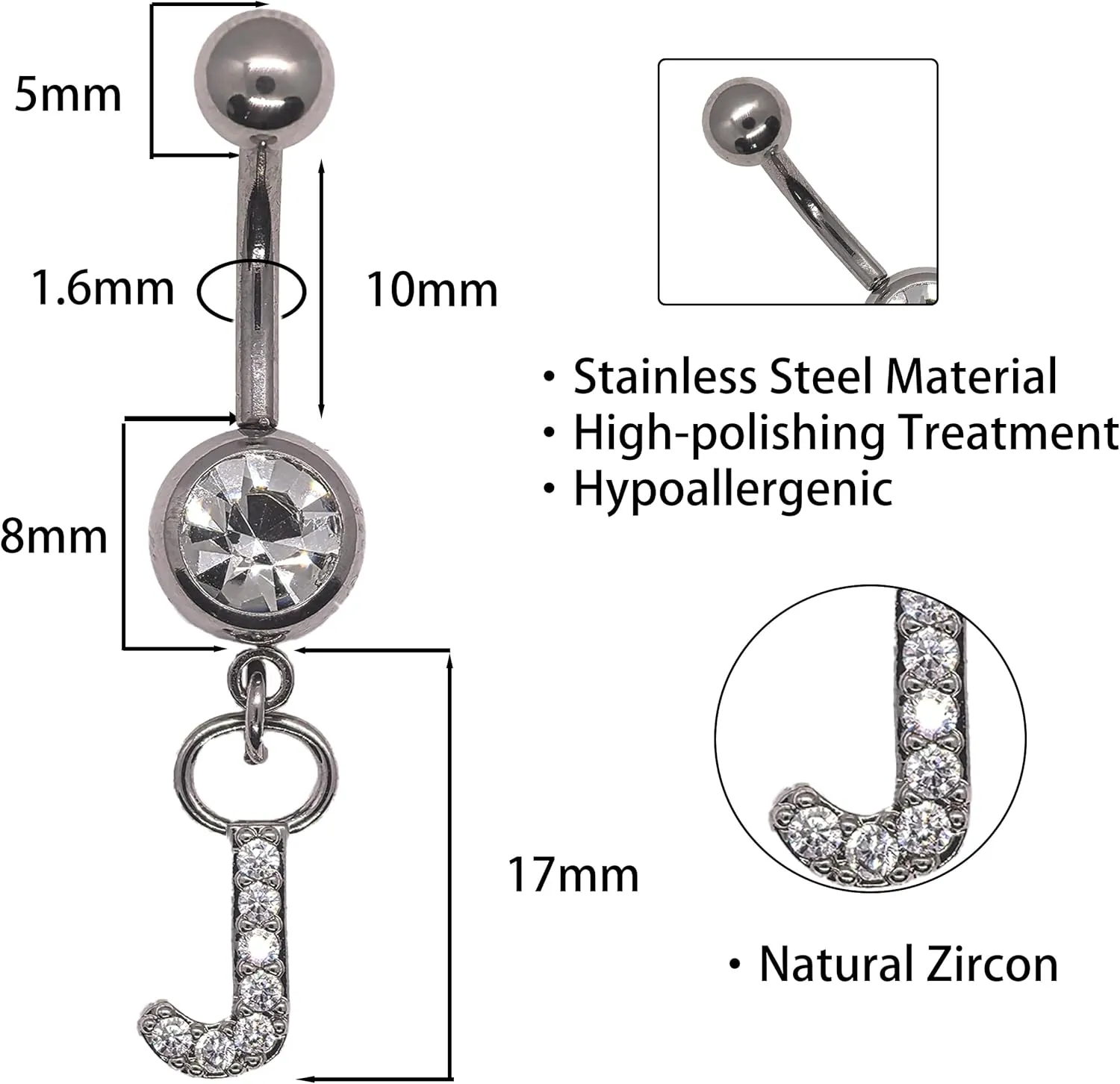 316L Stainless Steel Letter Belly Ring - 1.6mm Thickness, 10mm Bar Length, 8mm Zircon Charm, Hypoallergenic Navel Piercing Jewelry, High Polish Finish