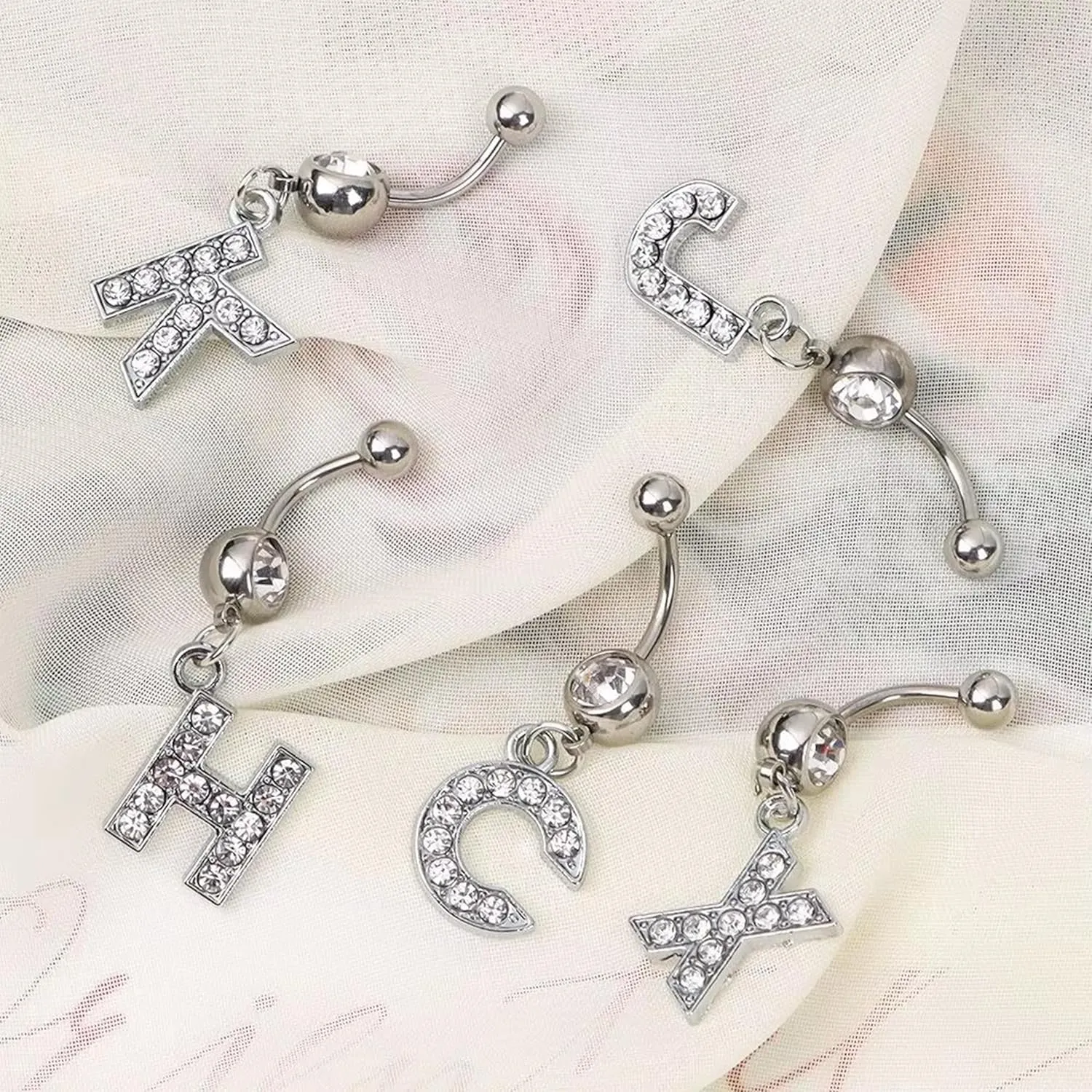 316L Stainless Steel Letter Belly Ring - 1.6mm Thickness, 10mm Bar Length, 8mm Zircon Charm, Hypoallergenic Navel Piercing Jewelry, High Polish Finish