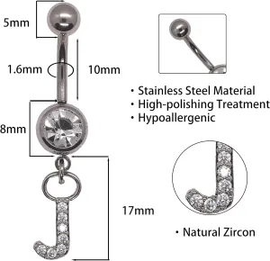 316L Stainless Steel Letter Belly Ring - 1.6mm Thickness, 10mm Bar Length, 8mm Zircon Charm, Hypoallergenic Navel Piercing Jewelry, High Polish Finish