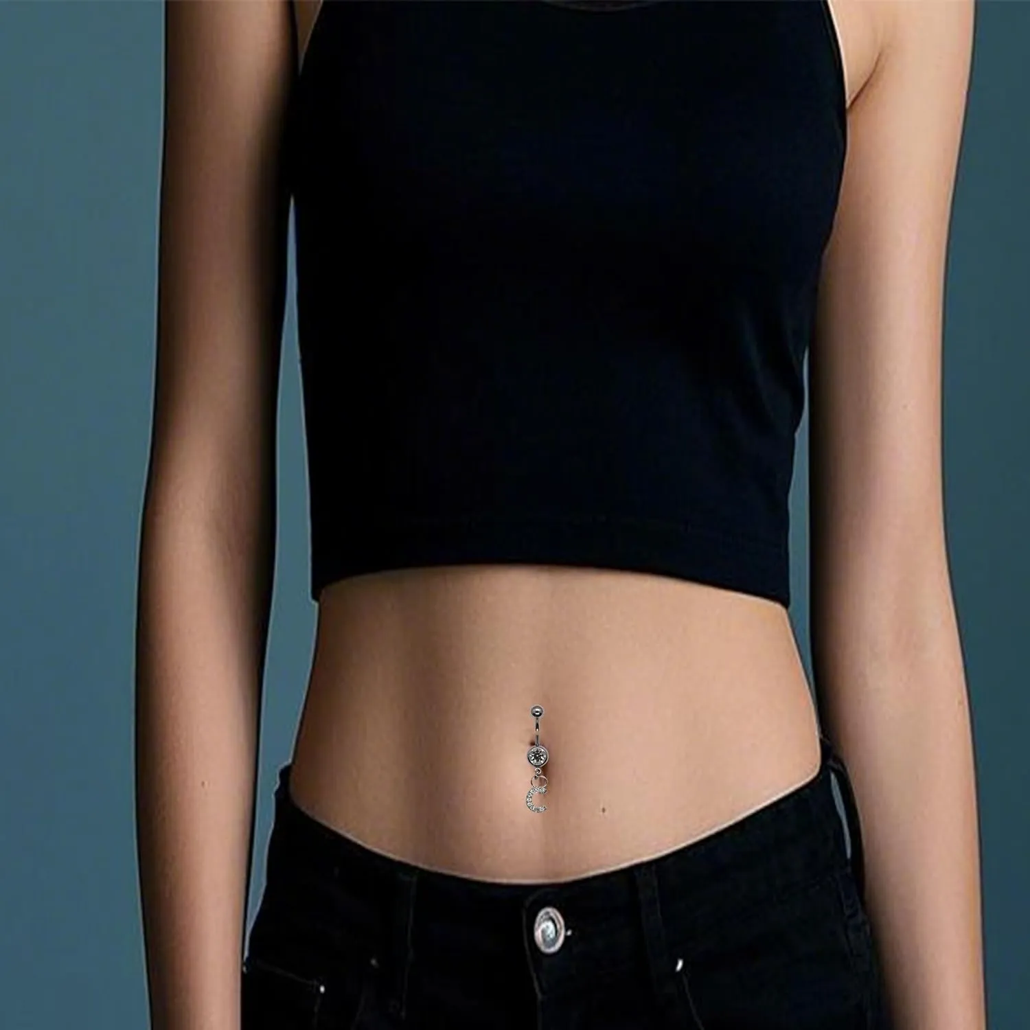 316L Stainless Steel Letter Belly Ring - 1.6mm Thickness, 10mm Bar Length, 8mm Zircon Charm, Hypoallergenic Navel Piercing Jewelry, High Polish Finish