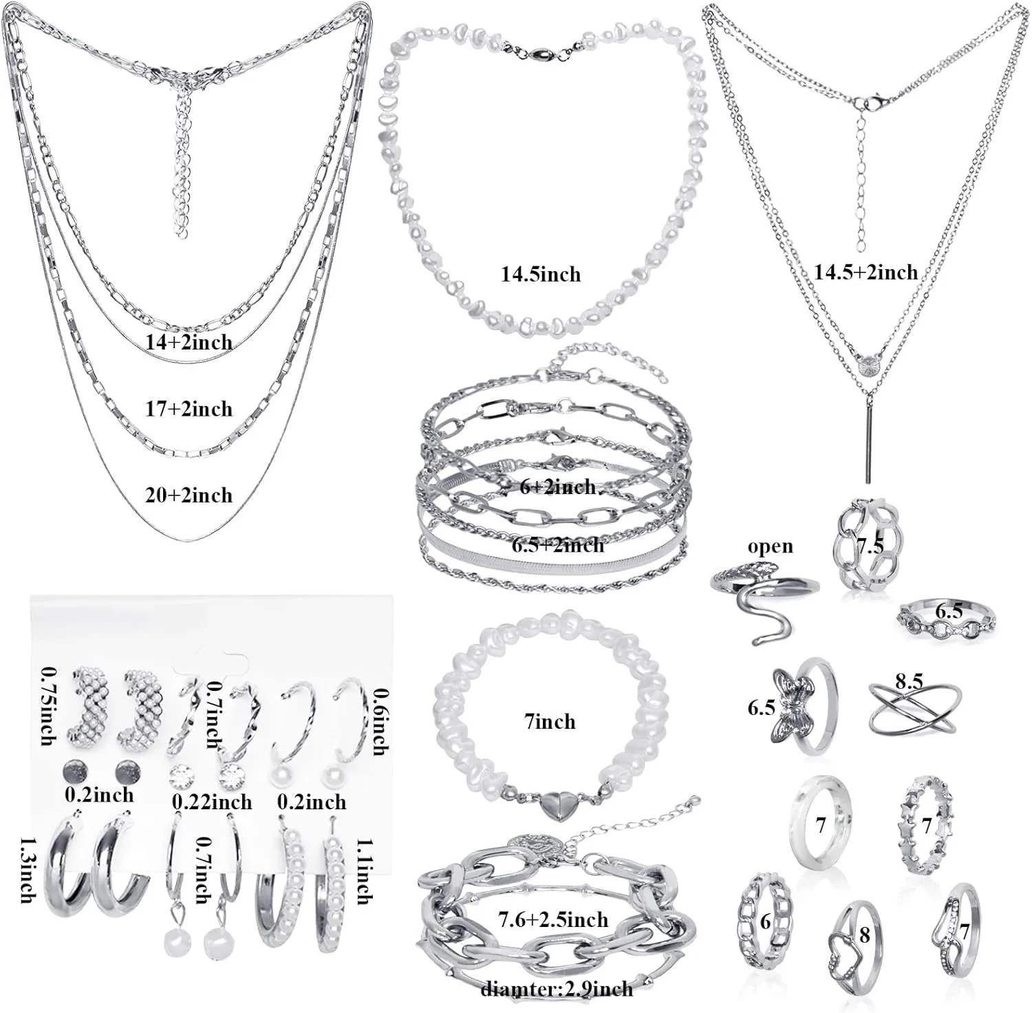 34 Pcs Silver Jewelry Set for Women Layered Bracelets Ball Dangle Hoop Earrings Stackable Knuckle Rings Set Dainty Adjustable Necklaces Valentine Anniversary Trendy Party Costume Accessories Jewelry