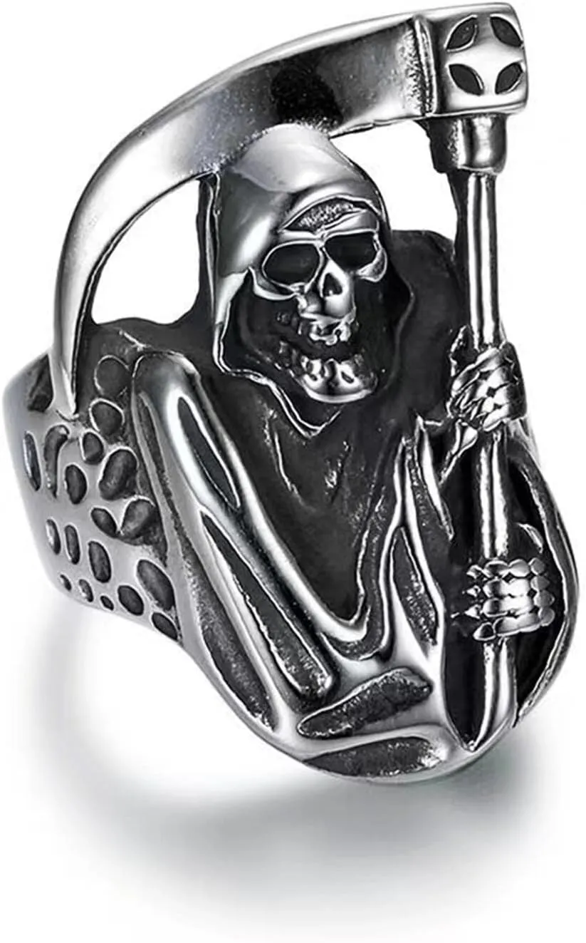 3D Death Grim Reaper Skull Rings for men Gothic Witcher Vampire Skull 316 Stainless Steel Rings Iced Out Jewelry Punk Ring Cocktail Party Ring Vintage Gothic Devil Demon Skull Style mens fashion rings