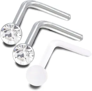 3Pcs L Shaped Nose Ring 18g Surgical Stainless Steel and 20g Retainer Nostril Piercing Studs Jewelry 2.5mm Crystal Pick Color