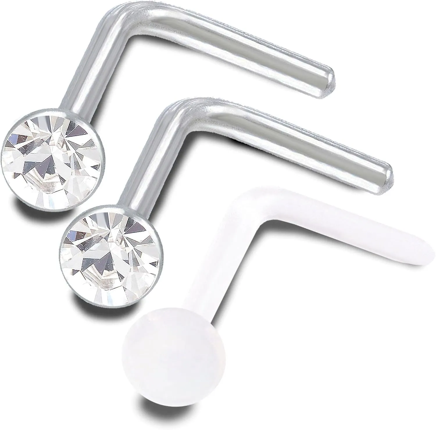 3Pcs L Shaped Nose Ring 18g Surgical Stainless Steel and 20g Retainer Nostril Piercing Studs Jewelry 2.5mm Crystal Pick Color