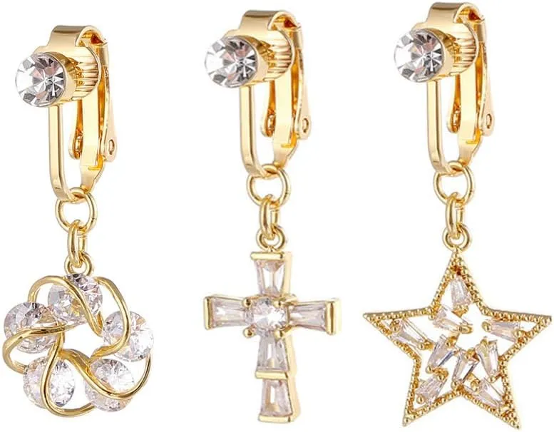 3Pcs Stainless Steel Fake Belly Button Rings Non Piercing Belly Navel Rings Cross Star Flower Clip On Belly Barbell Rings Fake Body Piercing Jewelry for Women