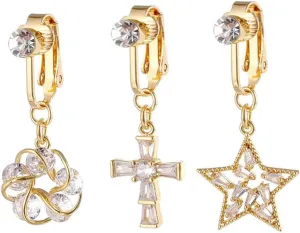 3Pcs Stainless Steel Fake Belly Button Rings Non Piercing Belly Navel Rings Cross Star Flower Clip On Belly Barbell Rings Fake Body Piercing Jewelry for Women