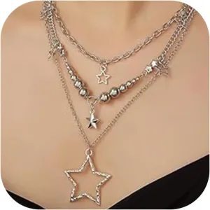3Pcs Star Layered Pendant Necklace Silver Gothic Necklaces Five-Pointed Star Choker Necklace Simple Trendy Grunge Jewelry