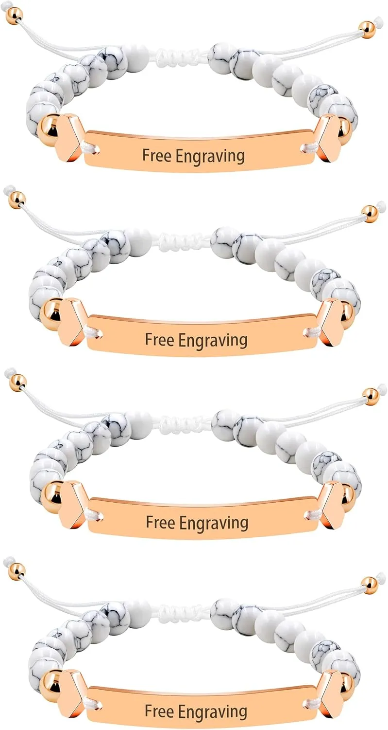 4 Pieces Customized Name ID Bracelets for Women Girls Best Friend, White Turquoise Stone Bracelets for Women Personalized Name with Rose Gold Plated Stainless Steel Engraving Plate Y1451, Adjustable