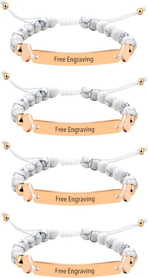 4 Pieces Customized Name ID Bracelets for Women Girls Best Friend, White Turquoise Stone Bracelets for Women Personalized Name with Rose Gold Plated Stainless Steel Engraving Plate Y1451, Adjustable