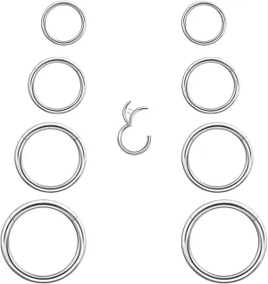4Pair 8Pcs 16G/18G set Surgical Stainless Steel Septum Hinged Clicker Segment Nose Rings Hoop Helix Cartilage Daith Tragus Sleeper Earrings Body Piercing for Women Men 6mm 8mm 10mm 12mm