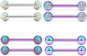 4Pairs 14G Stainless Steel Nipple Rings Colorful CZ Balls Straight Barbell Bars Tongue Ring 14mm(9/16Inch) Body Piercing Jewelry Set
