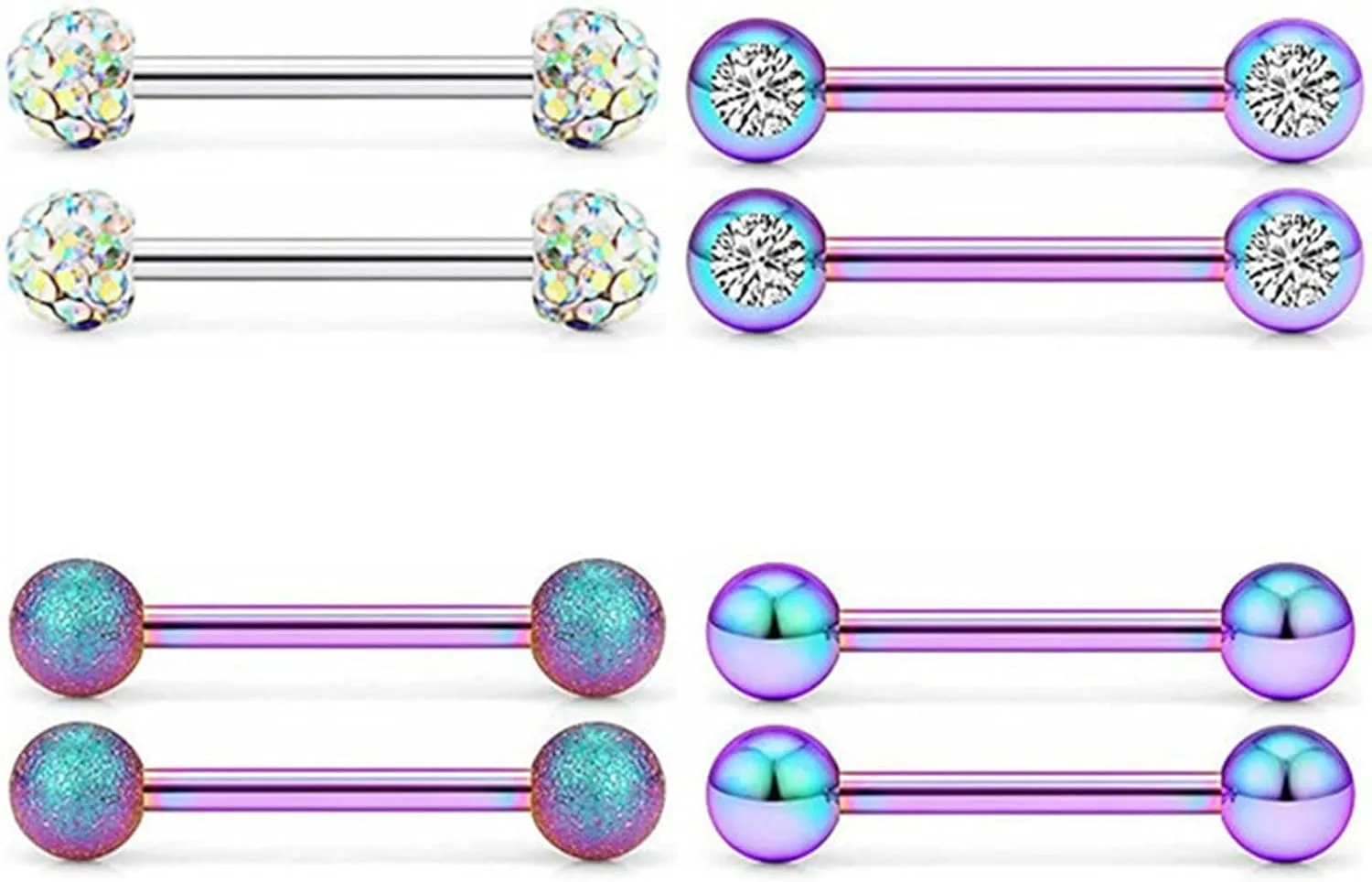 4Pairs 14G Stainless Steel Nipple Rings Colorful CZ Balls Straight Barbell Bars Tongue Ring 14mm(9/16Inch) Body Piercing Jewelry Set