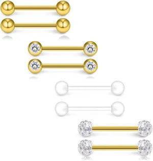 4Pairs 14G Stainless Steel Nipple Rings Glitter CZ Bioplast Balls Straight Barbell Bars Tongue Ring 16mm(5/8Inch) Body Piercing Jewelry Set
