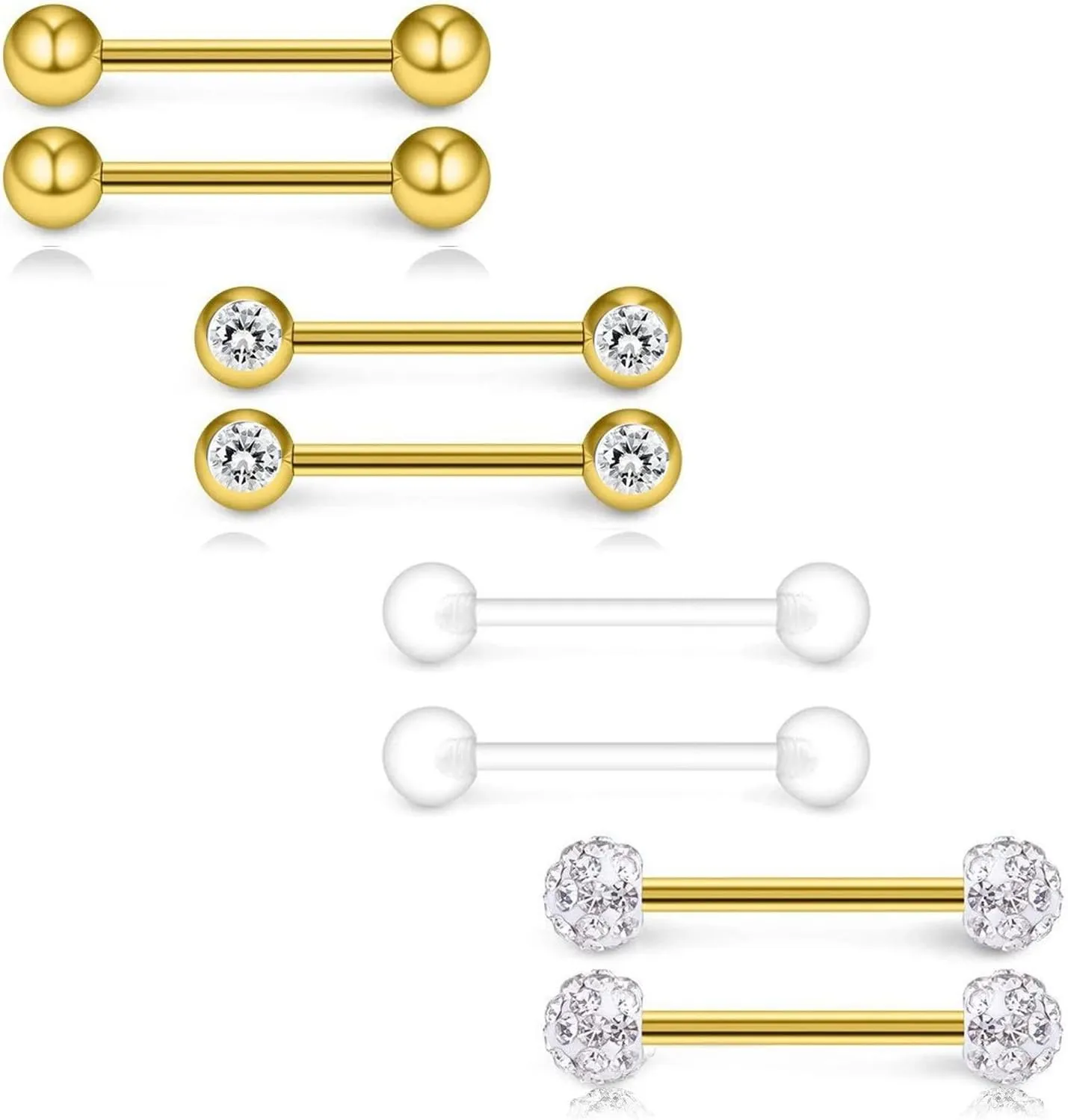 4Pairs 14G Stainless Steel Nipple Rings Glitter CZ Bioplast Balls Straight Barbell Bars Tongue Ring 16mm(5/8Inch) Body Piercing Jewelry Set