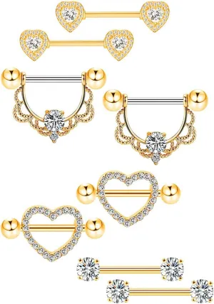 4Pairs 14G Stainless Steel Nipple Rings Glitter CZ Heart Flower Straight Barbell Bars Tongue Ring 14mm(9/16Inch) Body Piercing Jewelry Set