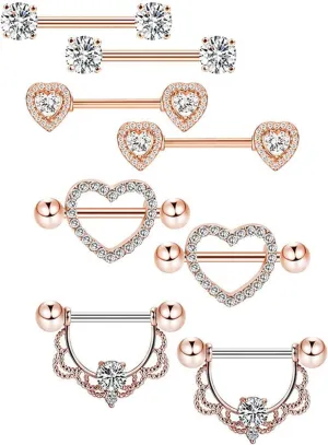 4Pairs 14G Stainless Steel Nipple Rings Glitter CZ Rose Gold Heart Flower Straight Barbell Bars Tongue Ring 14mm(9/16Inch) Body Piercing Jewelry Set