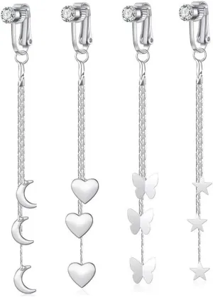 4Pcs Thin Wire Dangle Fake Belly Button Rings Stainless Steel Clip On Non Piercing Belly Navel Rings Dangling Star Butterfly Heart Moon Fake Belly Piercing Jewelry for Women