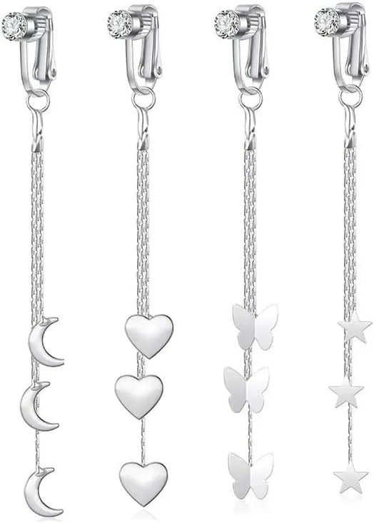 4Pcs Thin Wire Dangle Fake Belly Button Rings Stainless Steel Clip On Non Piercing Belly Navel Rings Dangling Star Butterfly Heart Moon Fake Belly Piercing Jewelry for Women