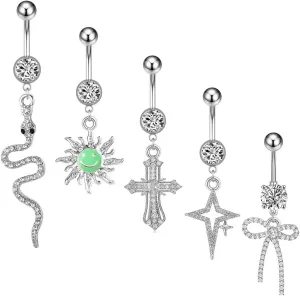 5 Pcs 14G Dangle Belly Button Rings Stainless Steel Cubic Zirconia Snake Sun Cross Star Bowknot Belly Navel Rings Belly Barbell Statement Body Piercing Jewelry