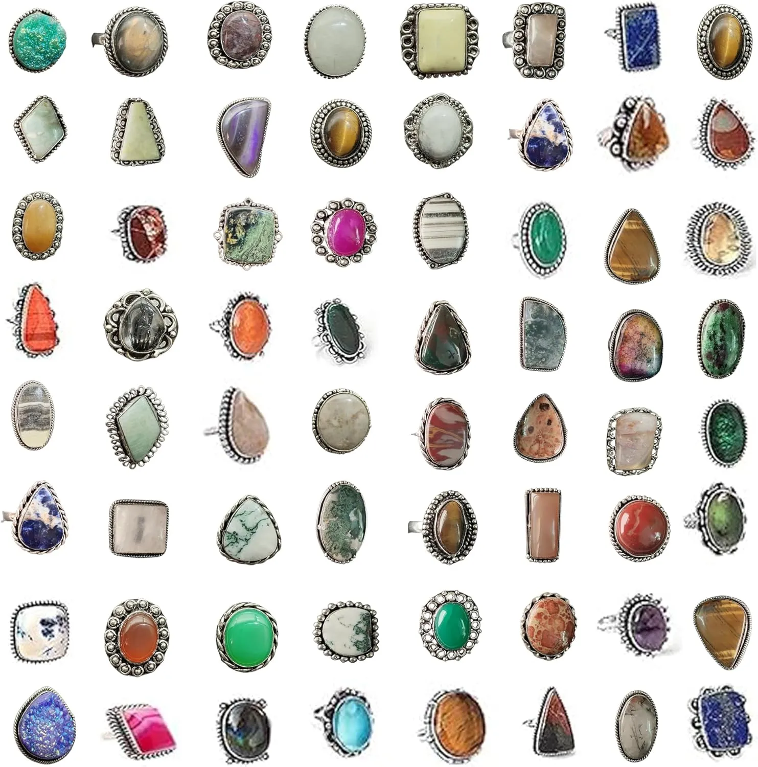 5 Pcs Gemstone Silver Plated Boho Rings for Women  Handmade Vintage Statement Gothic Jewelry Bulk Set Gifts for Women