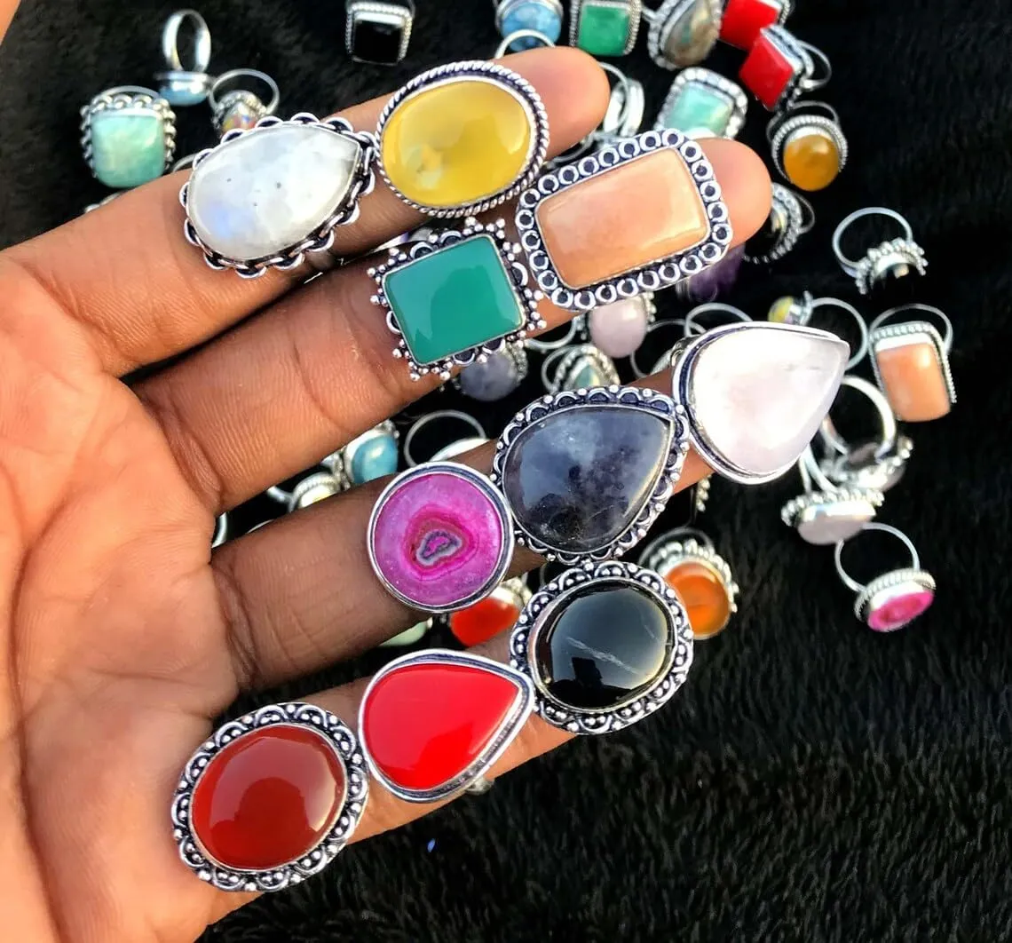 5 Pcs Gemstone Silver Plated Boho Rings for Women  Handmade Vintage Statement Gothic Jewelry Bulk Set Gifts for Women