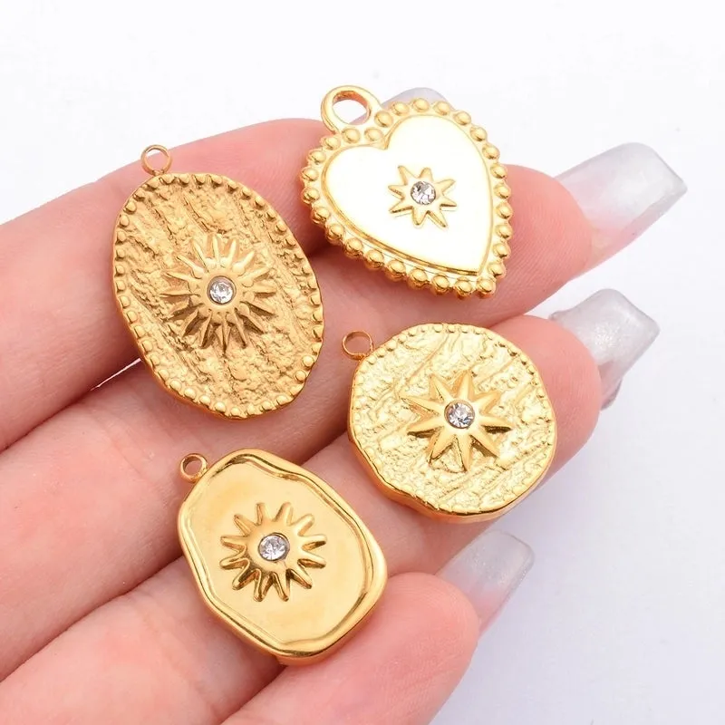 5 PCS/Package 11*18mm 13 * 20mm 17 * 21mm 304 Stainless Steel Zircon Geometric Heart Shape Sandblasted Polished Pendant