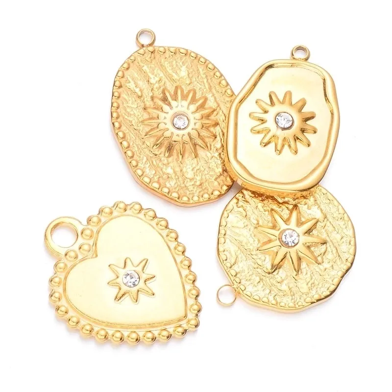 5 PCS/Package 11*18mm 13 * 20mm 17 * 21mm 304 Stainless Steel Zircon Geometric Heart Shape Sandblasted Polished Pendant