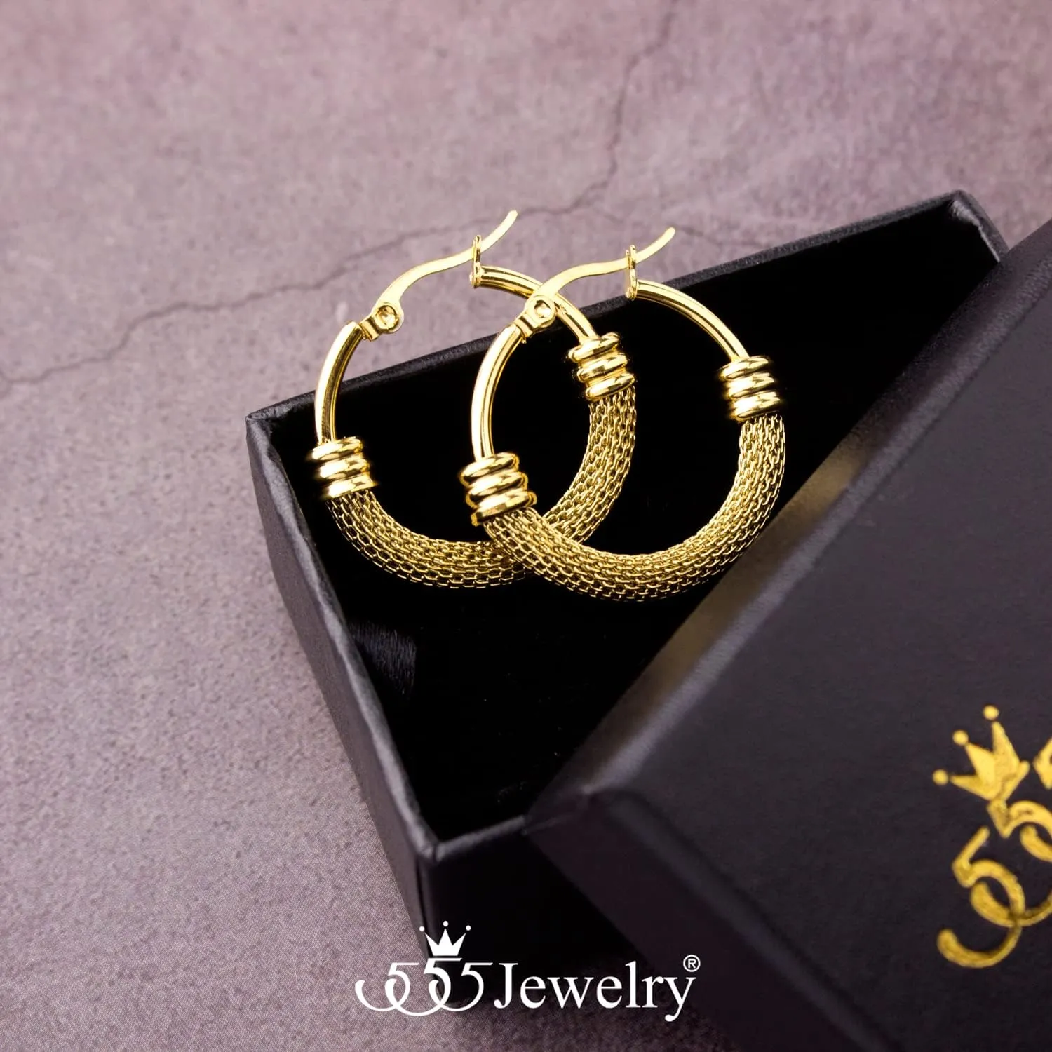 555Jewelry Medium Braided Mesh Stainless Steel Round Hoop Earrings for Women Hypoallergenic Hoops Earrings