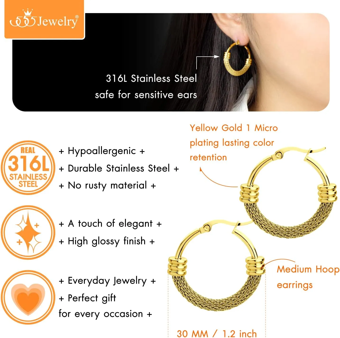 555Jewelry Medium Braided Mesh Stainless Steel Round Hoop Earrings for Women Hypoallergenic Hoops Earrings