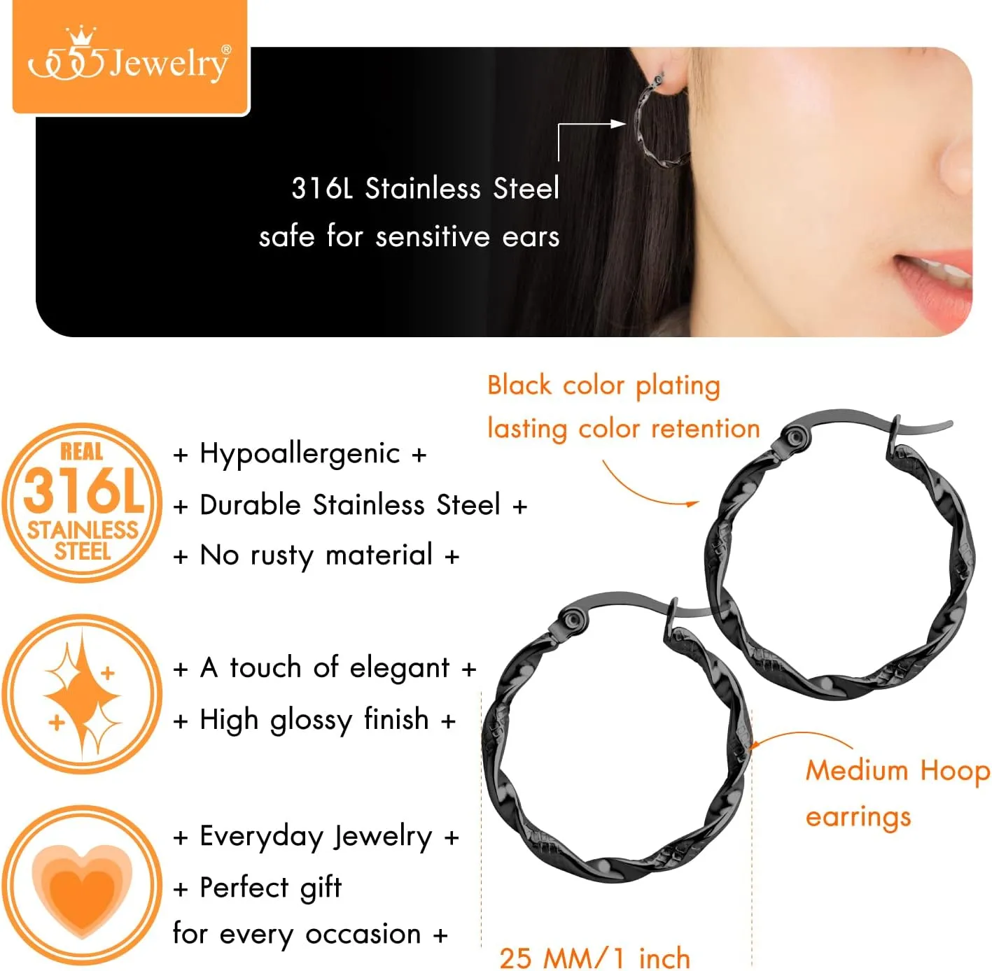 555Jewelry Medium Twisted Wire Round Stainless Steel Hoop Earrings for Women