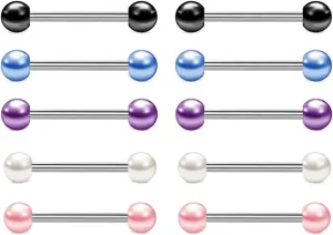 5Pairs 14G Stainless Steel Nipple Rings Solid Bioplast Pearl Straight Barbell Bars Tongue Ring 16mm(5/8Inch) Body Piercing Jewelry Set