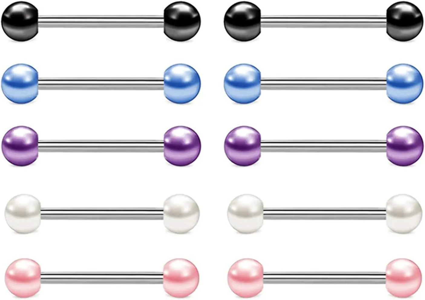 5Pairs 14G Stainless Steel Nipple Rings Solid Bioplast Pearl Straight Barbell Bars Tongue Ring 16mm(5/8Inch) Body Piercing Jewelry Set