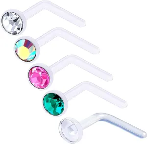 5Pcs 20g 0.8mm Nose Rings L Shaped Bioflex Clear Flexible Nostril Piercing Jewelry 2.5mm Crystal