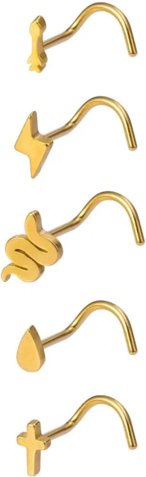 5Pcs 20G Stainless Steel Screw Nose Rings Nose Studs Simple Cross Teardrop Snake Lightning Nostril Nose Piercing Jewelry for Women Men