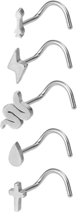 5Pcs 20G Stainless Steel Screw Nose Rings Nose Studs Simple Cross Teardrop Snake Lightning Nostril Nose Piercing Jewelry for Women Men