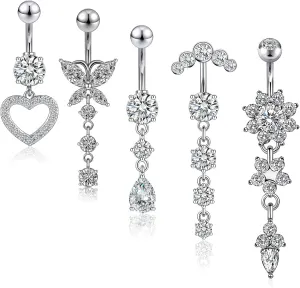 5pcs Belly Button Ring 14G 1.6MM Dangle Navel Belly Piercing Jewelry Cute CZ Heart Butterfly Flower Navel Belly Rings Silver Stainless Steel Belly Piercing for Women