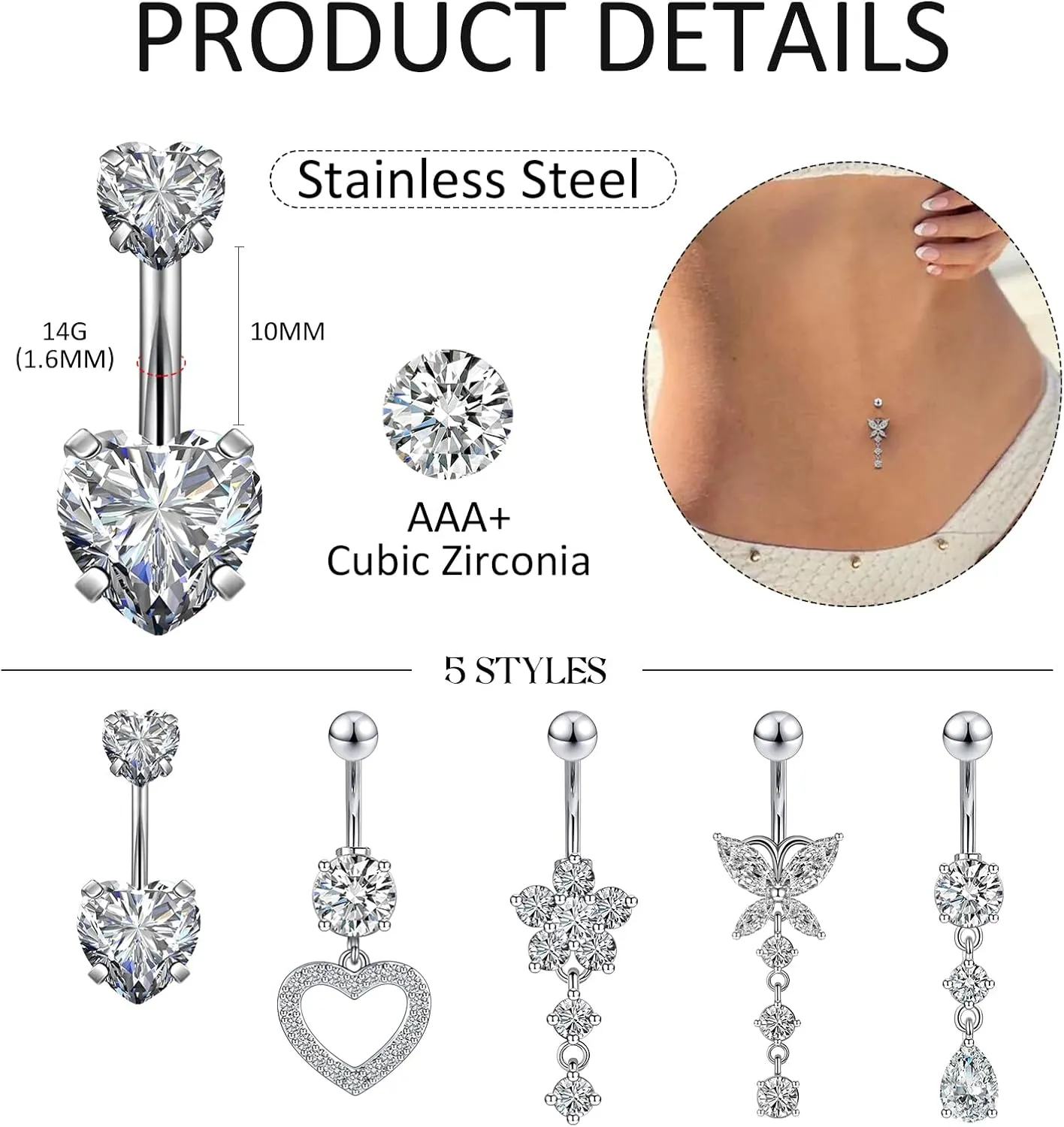 5pcs Belly Button Ring 14G 1.6MM Dangle Navel Belly Piercing Jewelry Cute CZ Heart Butterfly Flower Navel Belly Rings Silver Stainless Steel Belly Piercing for Women