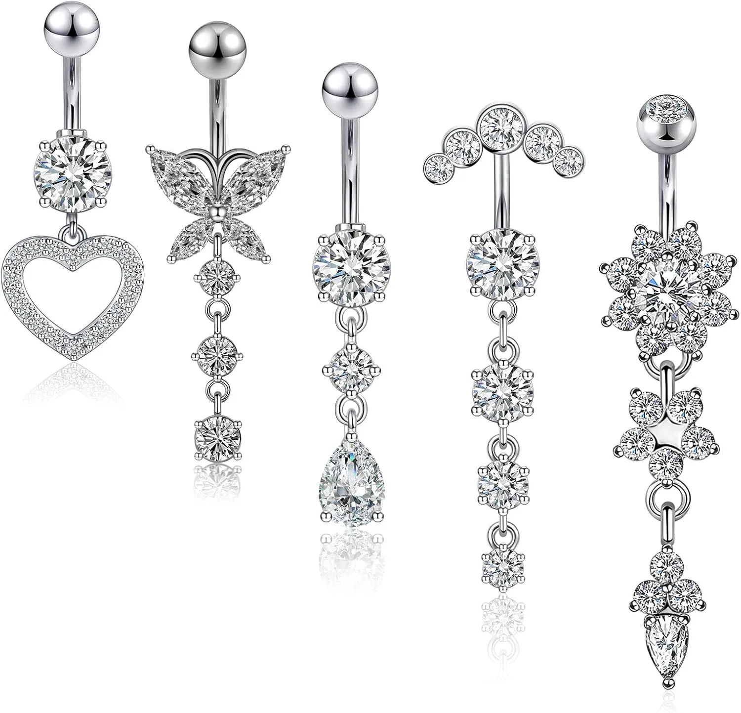 5pcs Belly Button Ring 14G 1.6MM Dangle Navel Belly Piercing Jewelry Cute CZ Heart Butterfly Flower Navel Belly Rings Silver Stainless Steel Belly Piercing for Women